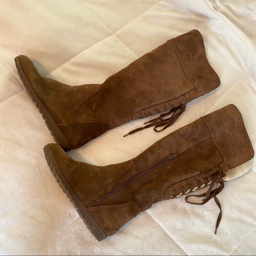 NINE WEST Suede Fur Lined Lace-up Boots